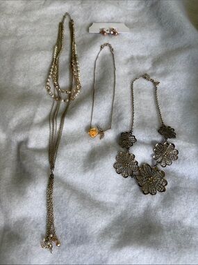 3 Gold-Tone Floral Statement Necklace and Earrings